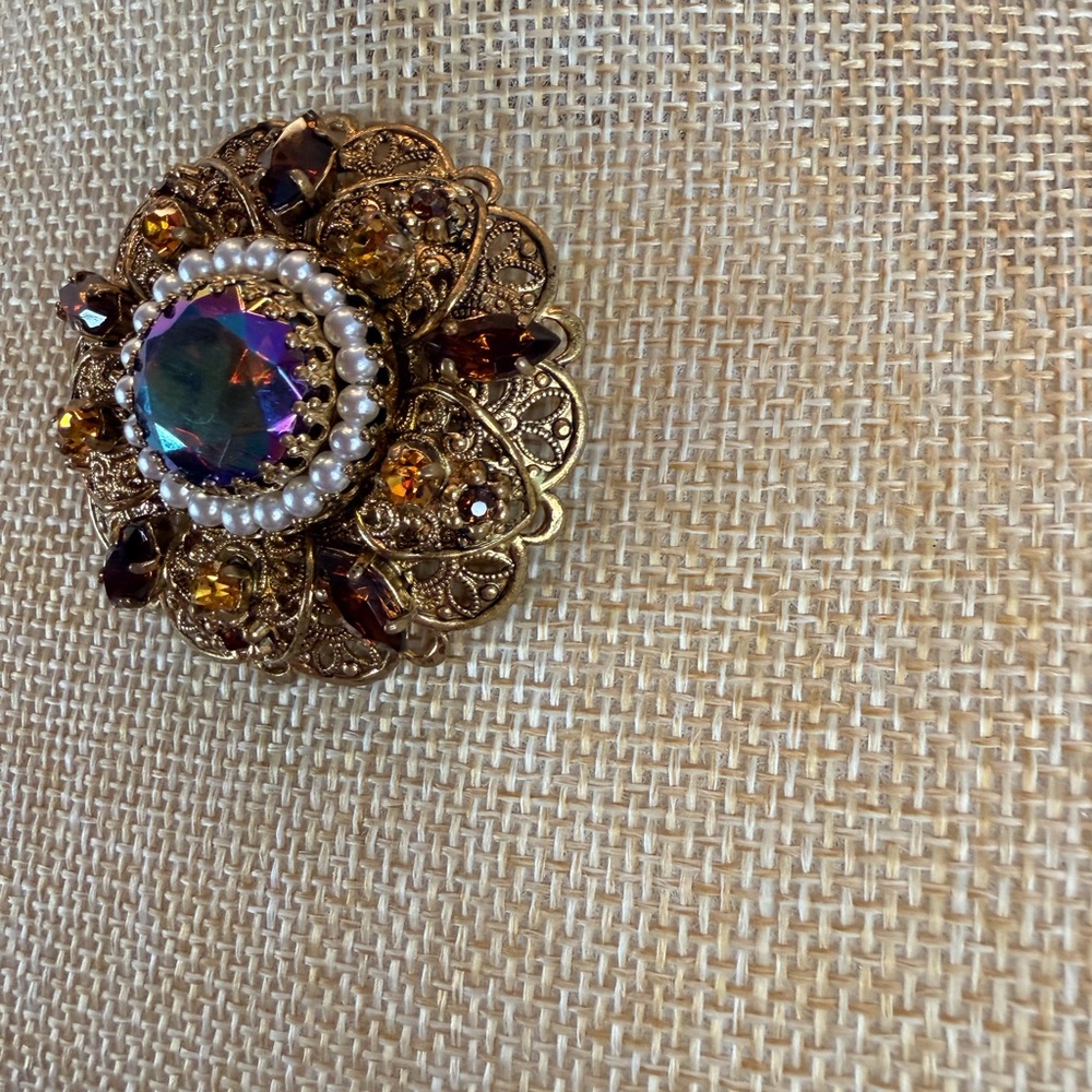 Vintage West Germany Gold and Multicolor Brooch With AB Center Stone - Picture 3 of 9